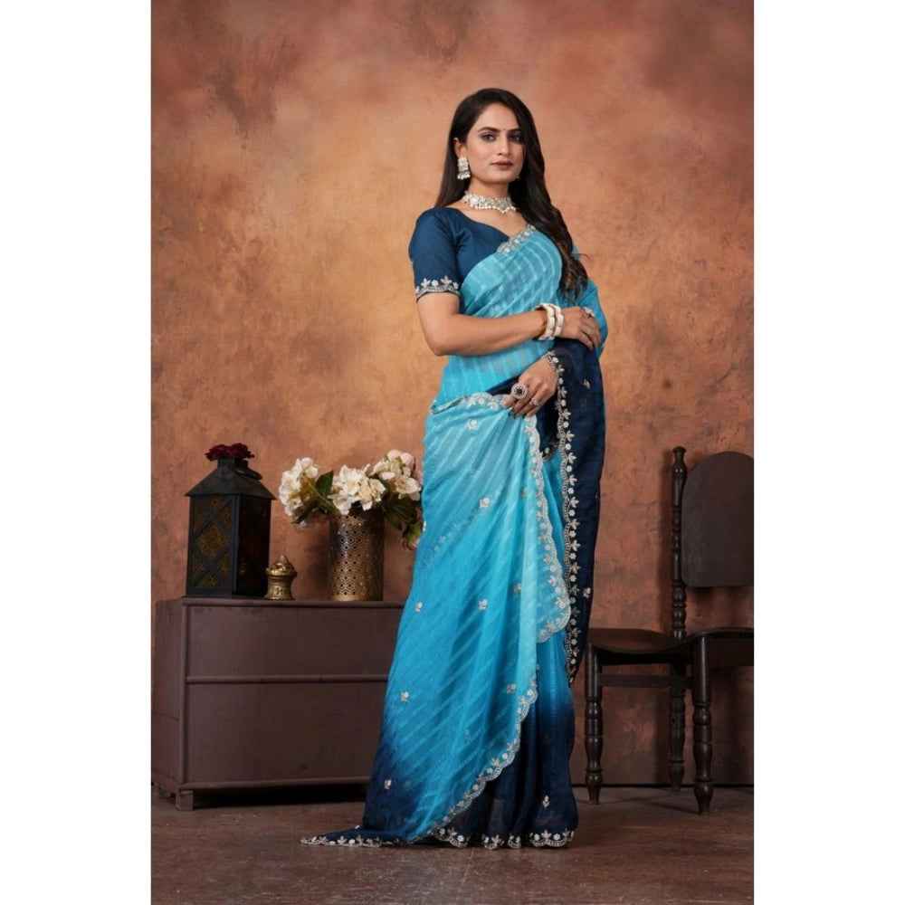 Vaystra Chiffon Embroidred Saree With Unstitched Blouse 5.5Mtr – Light Blue