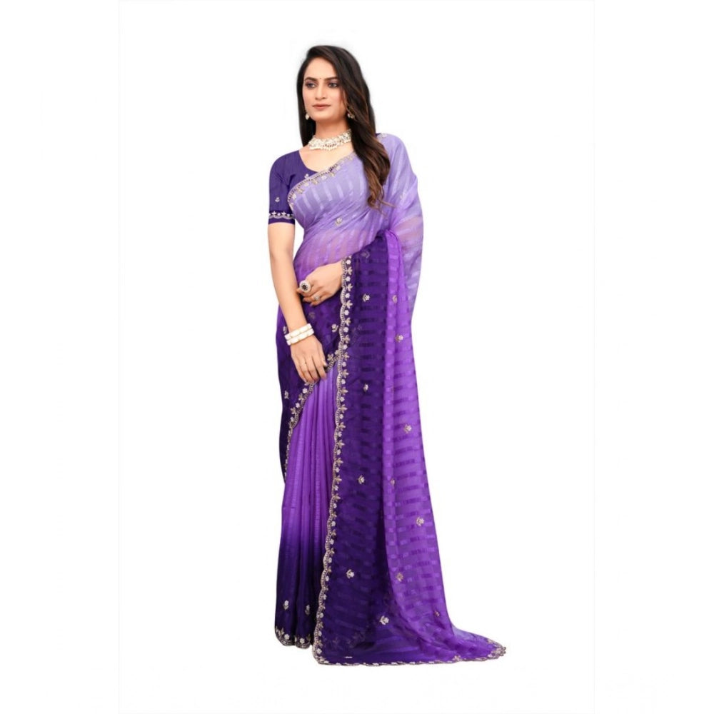 Vaystra Chiffon Embroidred Saree With Unstitched Blouse 5.5Mtr – Purple