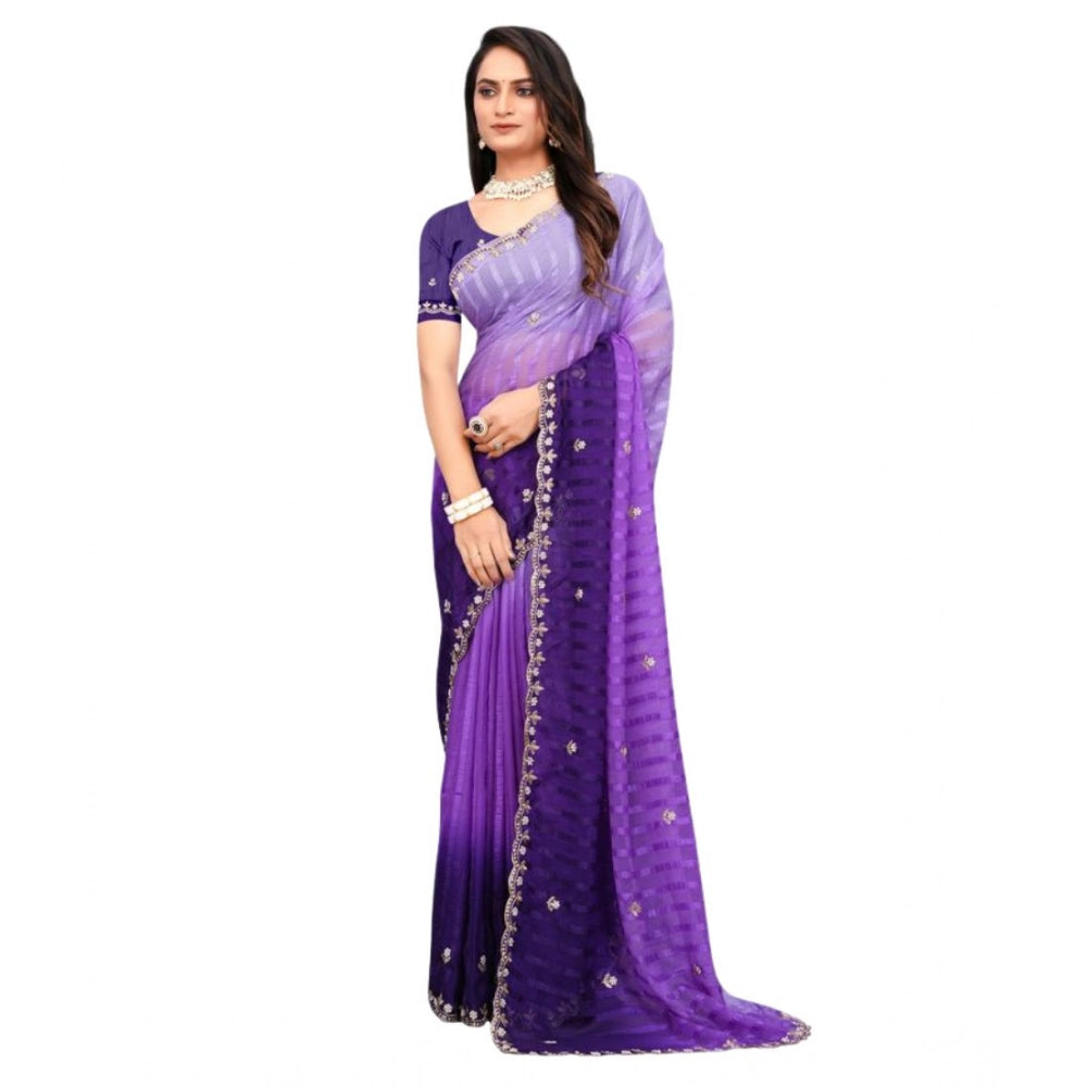 Vaystra Chiffon Embroidred Saree With Unstitched Blouse 5.5Mtr – Purple