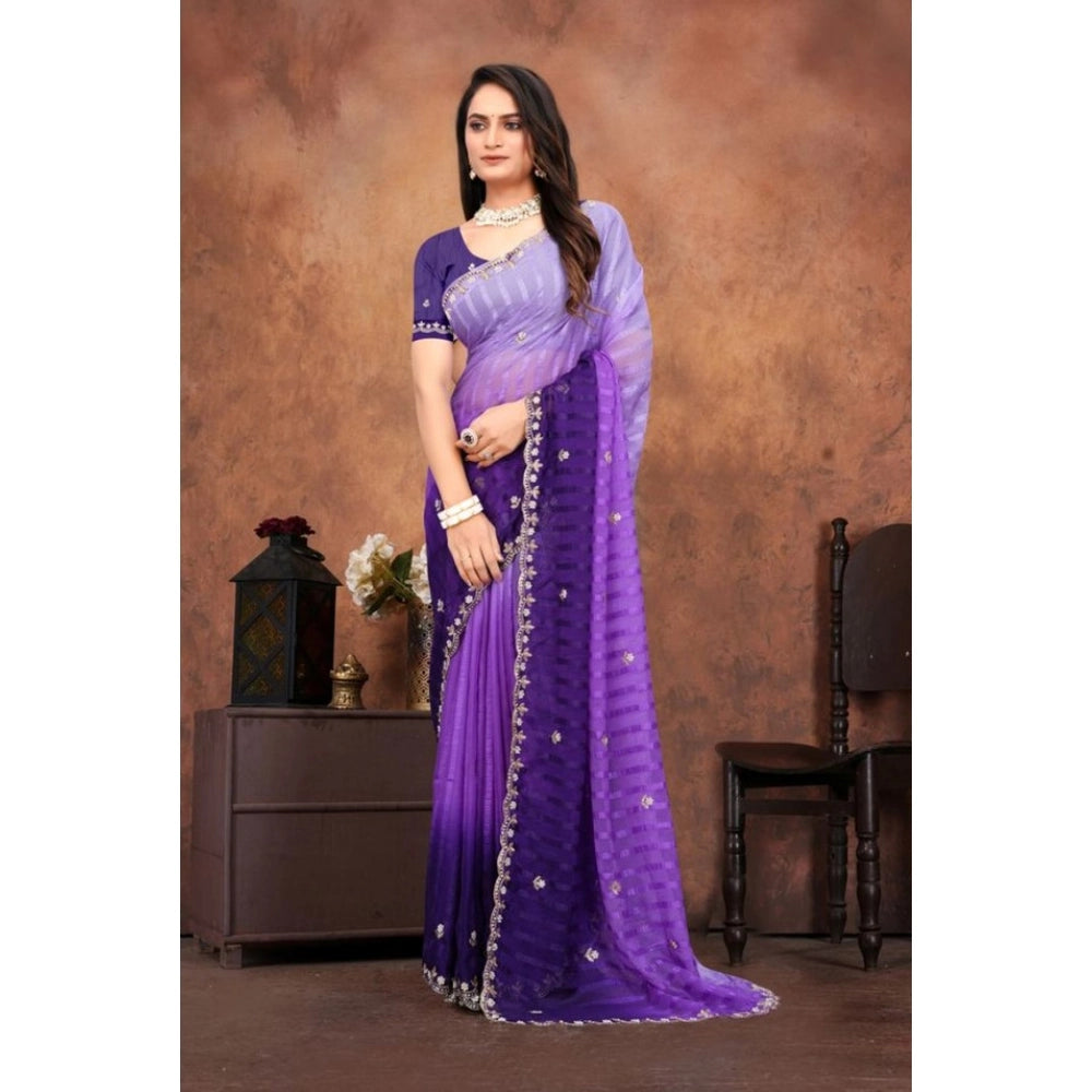 Vaystra Chiffon Embroidred Saree With Unstitched Blouse 5.5Mtr – Purple