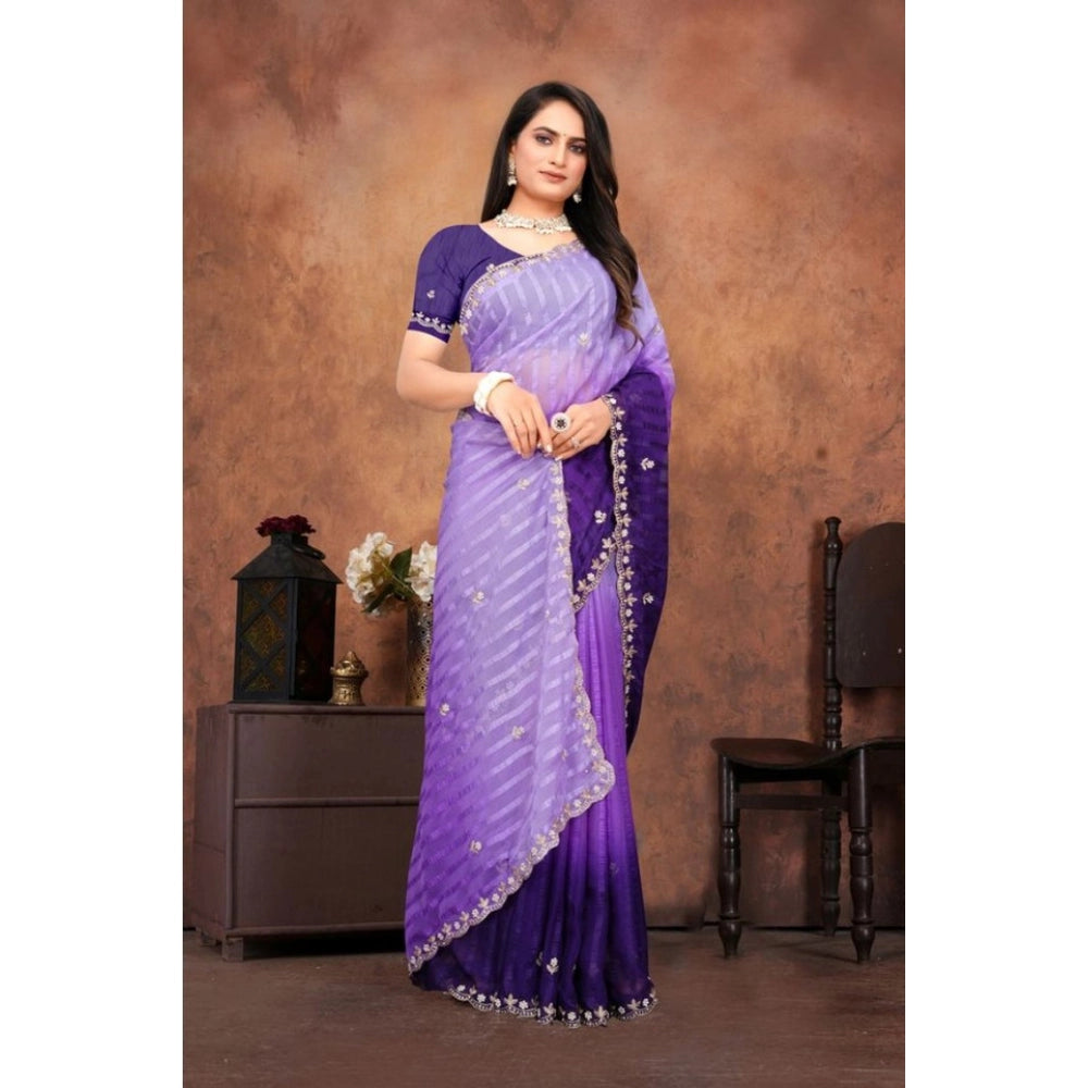 Vaystra Chiffon Embroidred Saree With Unstitched Blouse 5.5Mtr – Purple