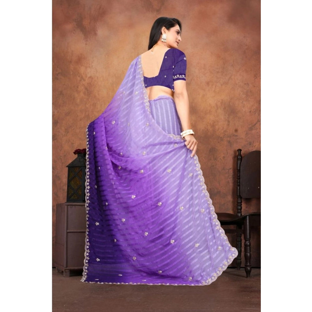 Vaystra Chiffon Embroidred Saree With Unstitched Blouse 5.5Mtr – Purple