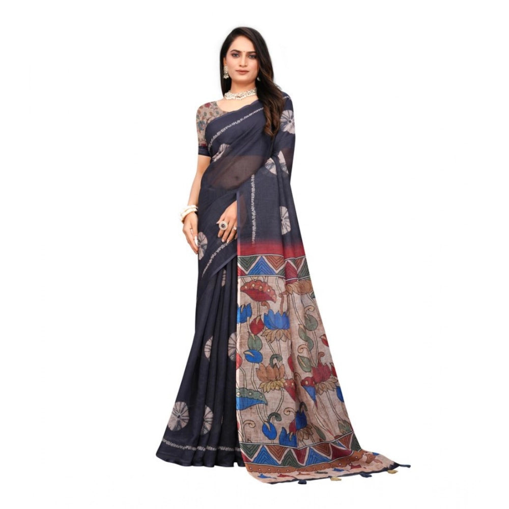 Vaystra Linen Printed Saree With Unstitched Blouse 5.5Mtr – Black