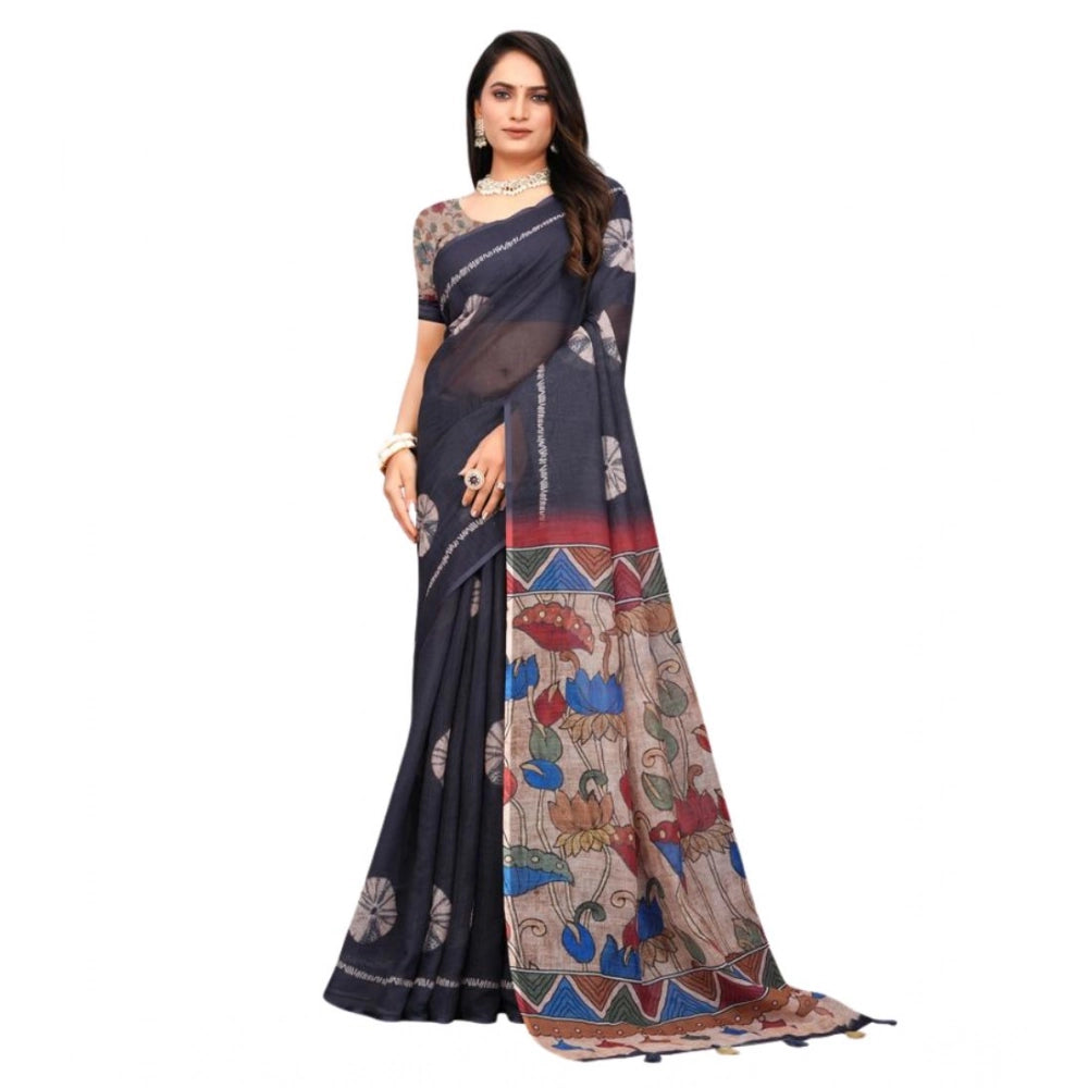 Vaystra Linen Printed Saree With Unstitched Blouse 5.5Mtr – Black