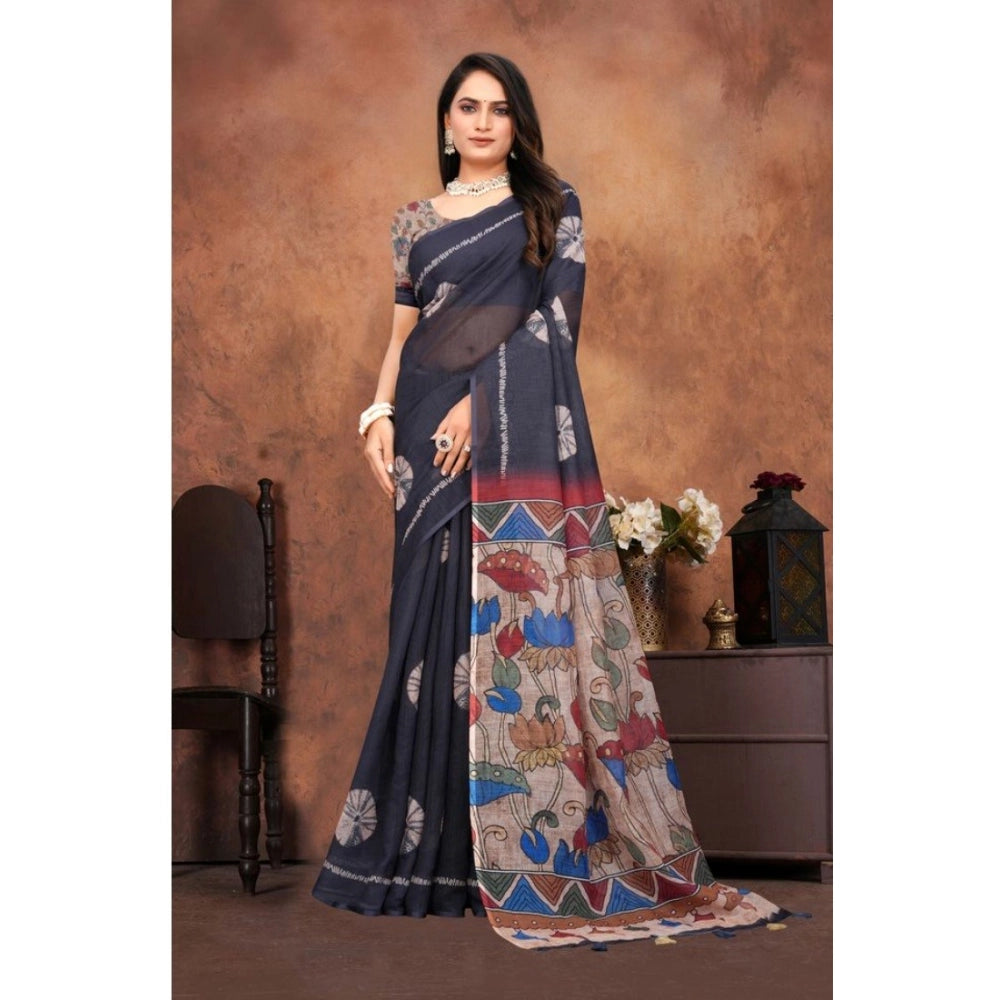Vaystra Linen Printed Saree With Unstitched Blouse 5.5Mtr – Black