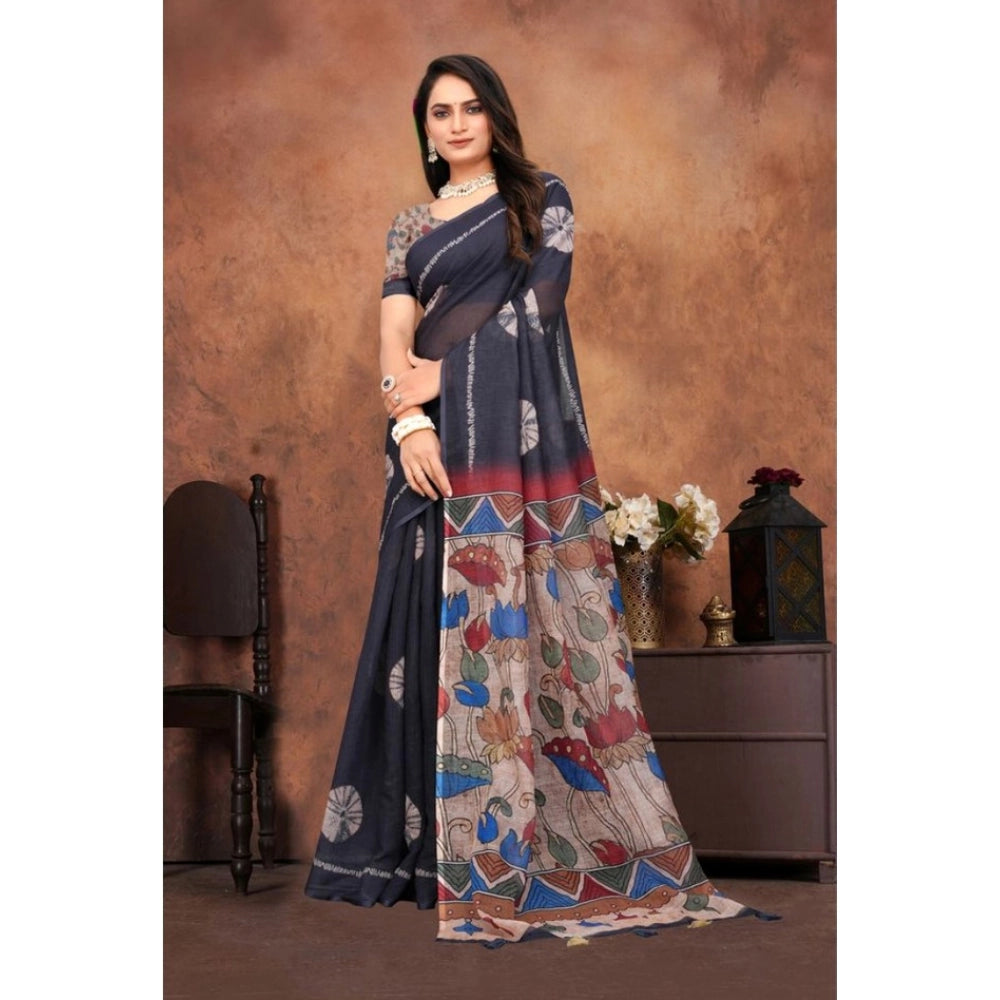 Vaystra Linen Printed Saree With Unstitched Blouse 5.5Mtr – Black