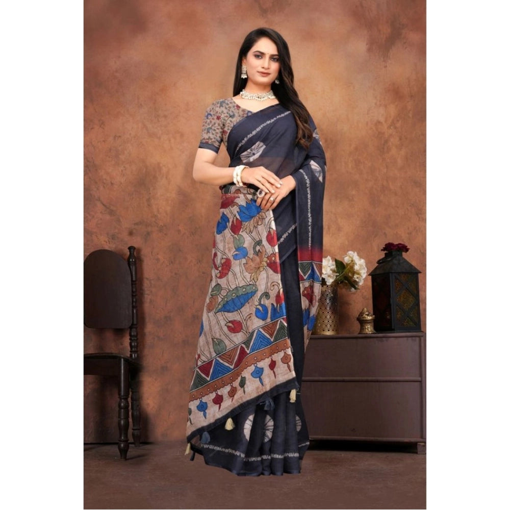 Vaystra Linen Printed Saree With Unstitched Blouse 5.5Mtr – Black