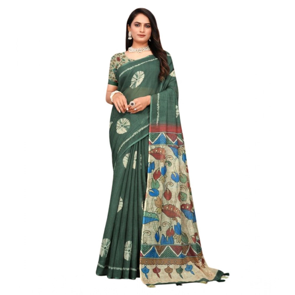 Vaystra Linen Printed Saree With Unstitched Blouse 5.5Mtr – Dark Green