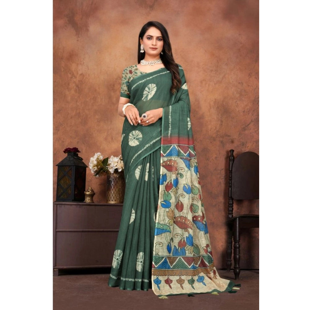 Vaystra Linen Printed Saree With Unstitched Blouse 5.5Mtr – Dark Green
