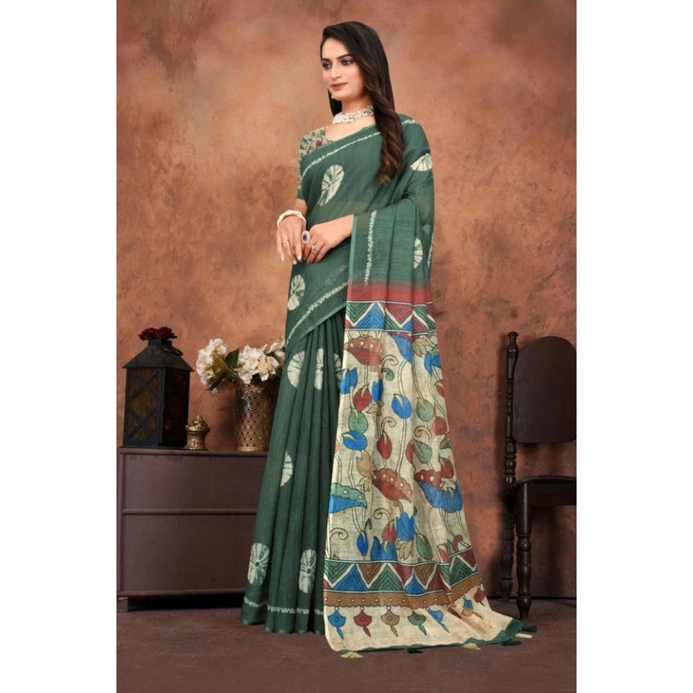 Vaystra Linen Printed Saree With Unstitched Blouse 5.5Mtr – Dark Green