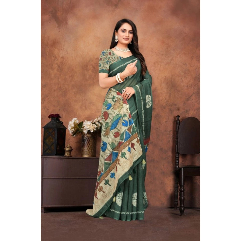 Vaystra Linen Printed Saree With Unstitched Blouse 5.5Mtr – Dark Green