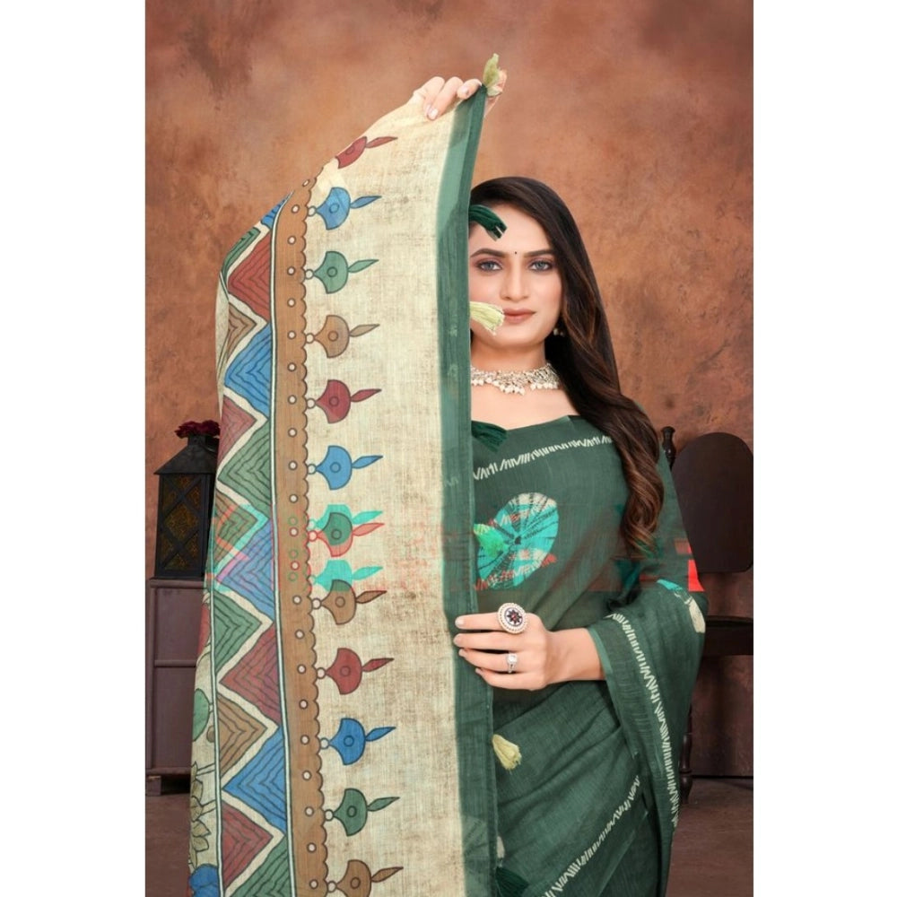 Vaystra Linen Printed Saree With Unstitched Blouse 5.5Mtr – Dark Green