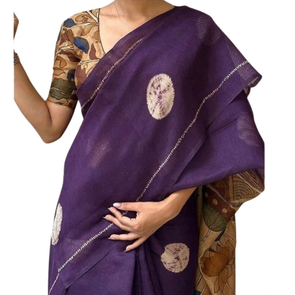Vaystra Linen Printed Saree With Unstitched Blouse 5.5Mtr – Purple