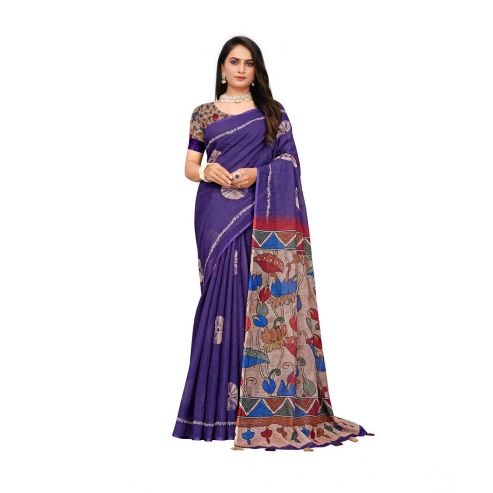 Vaystra Linen Printed Saree With Unstitched Blouse 5.5Mtr – Purple