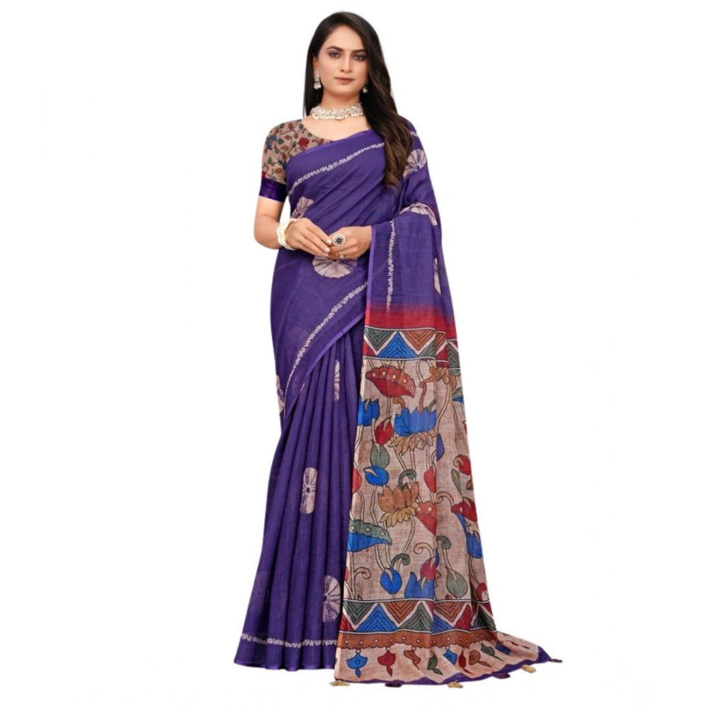 Vaystra Linen Printed Saree With Unstitched Blouse 5.5Mtr – Purple