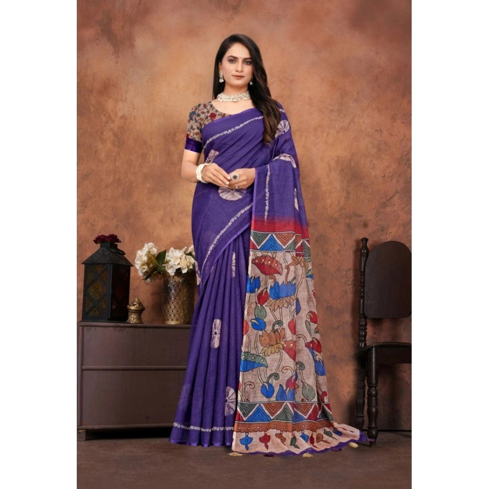 Vaystra Linen Printed Saree With Unstitched Blouse 5.5Mtr – Purple