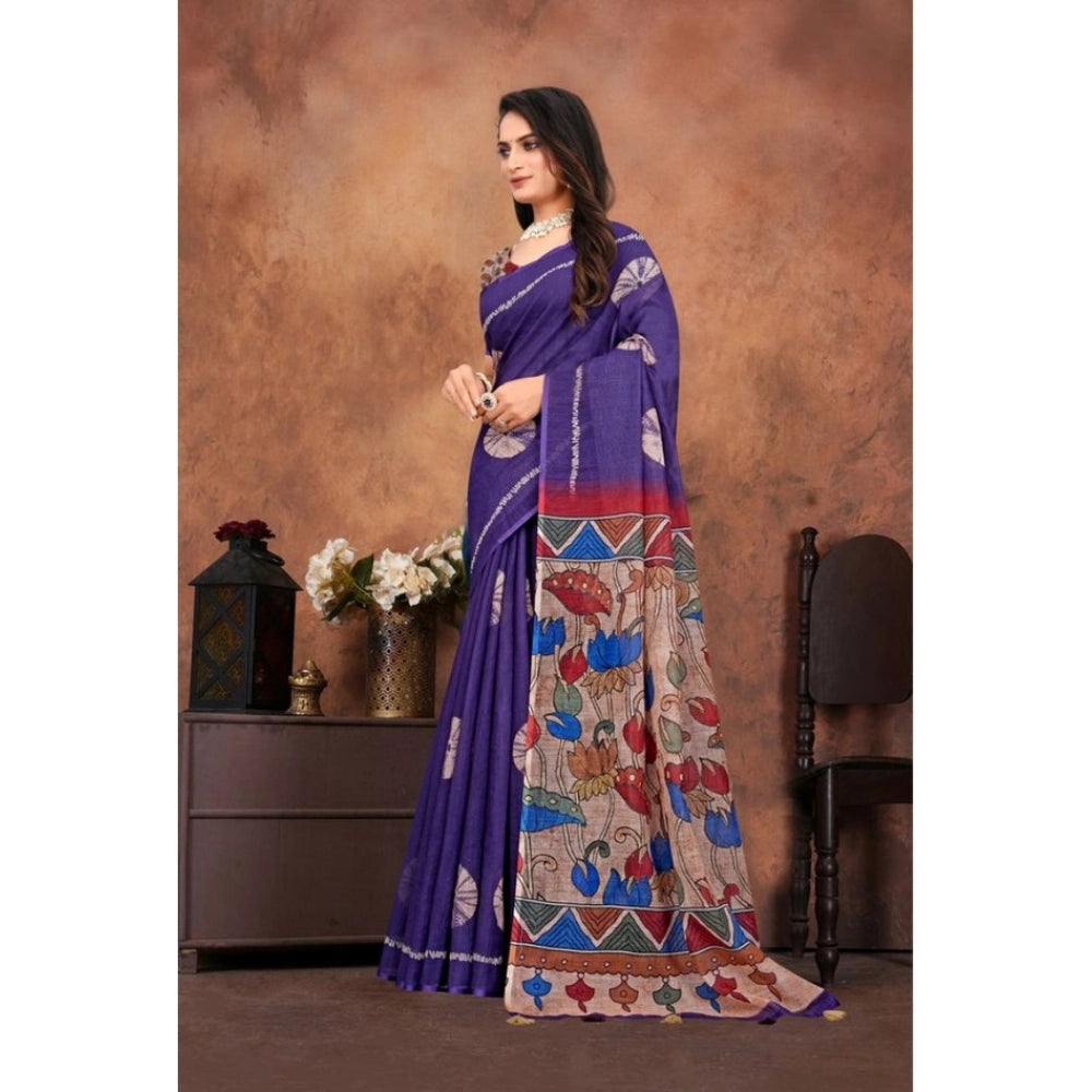 Vaystra Linen Printed Saree With Unstitched Blouse 5.5Mtr – Purple