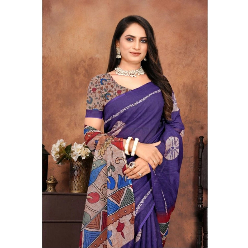 Vaystra Linen Printed Saree With Unstitched Blouse 5.5Mtr – Purple