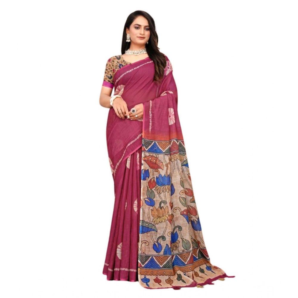 Vaystra Linen Printed Saree With Unstitched Blouse 5.5Mtr – Purple