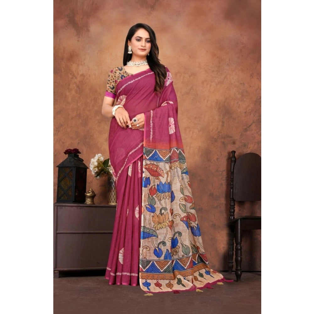 Vaystra Linen Printed Saree With Unstitched Blouse 5.5Mtr – Purple