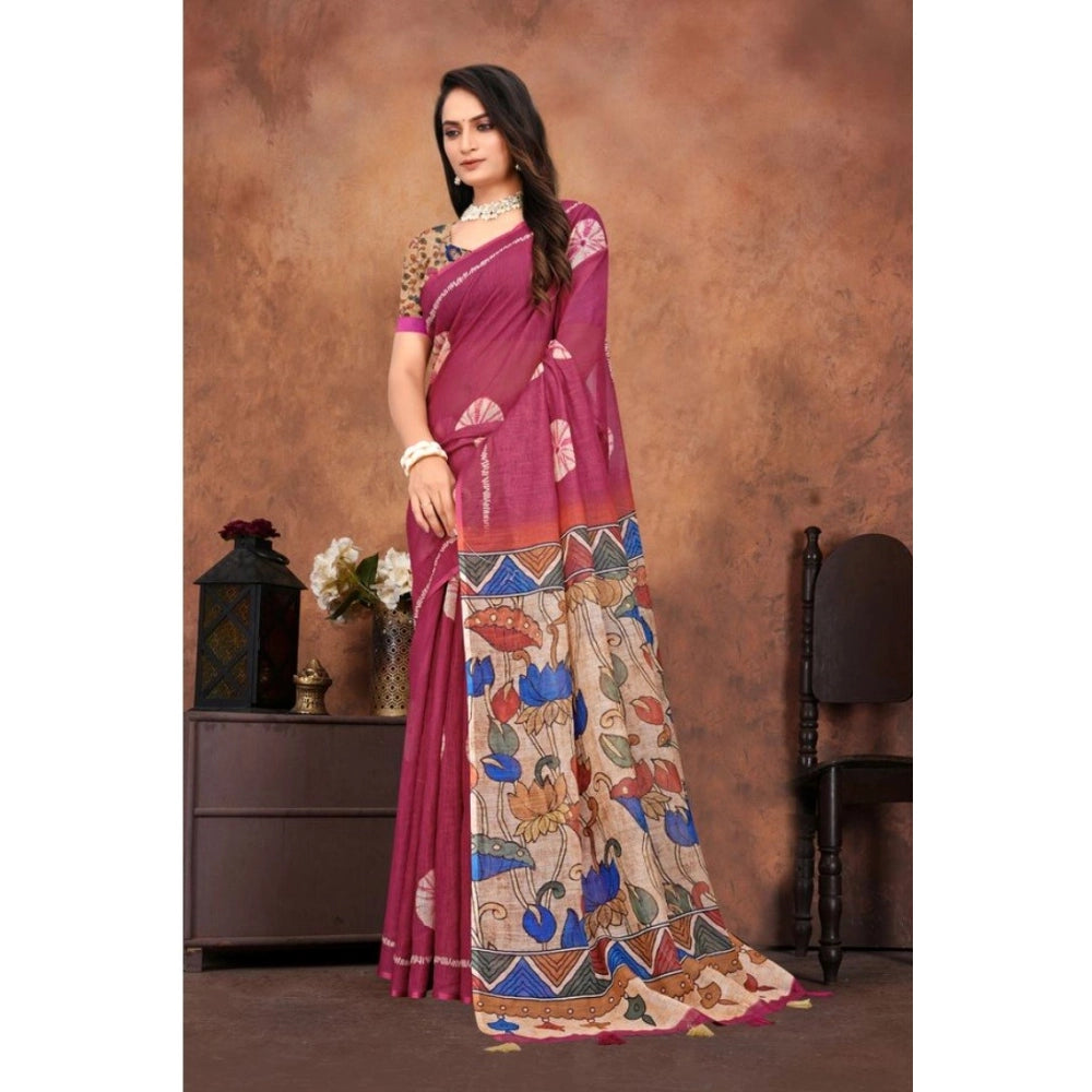 Vaystra Linen Printed Saree With Unstitched Blouse 5.5Mtr – Purple
