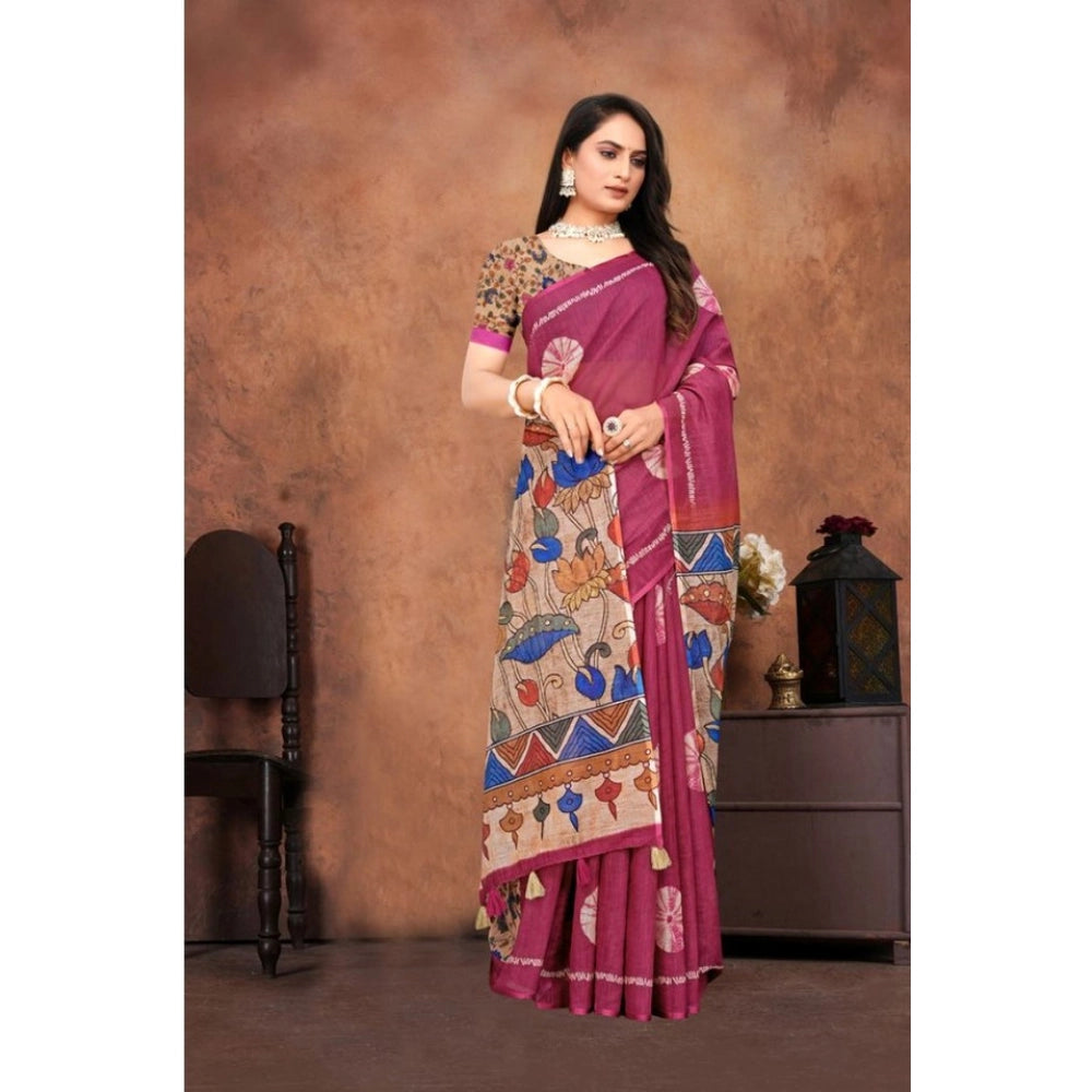 Vaystra Linen Printed Saree With Unstitched Blouse 5.5Mtr – Purple