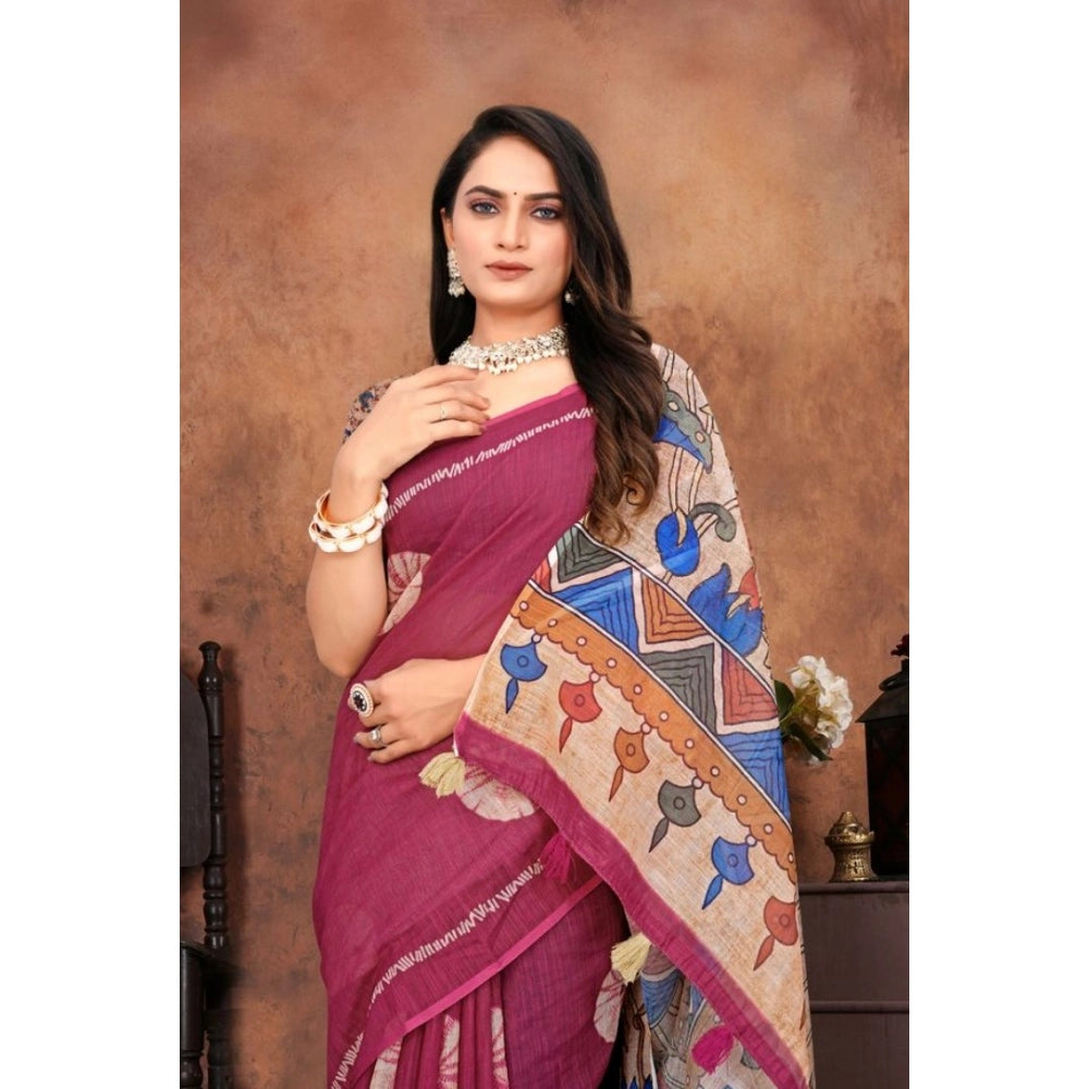 Vaystra Linen Printed Saree With Unstitched Blouse 5.5Mtr – Purple