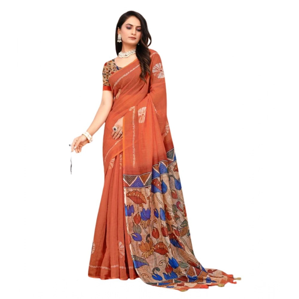 Vaystra Linen Printed Saree With Unstitched Blouse 5.5Mtr – Red