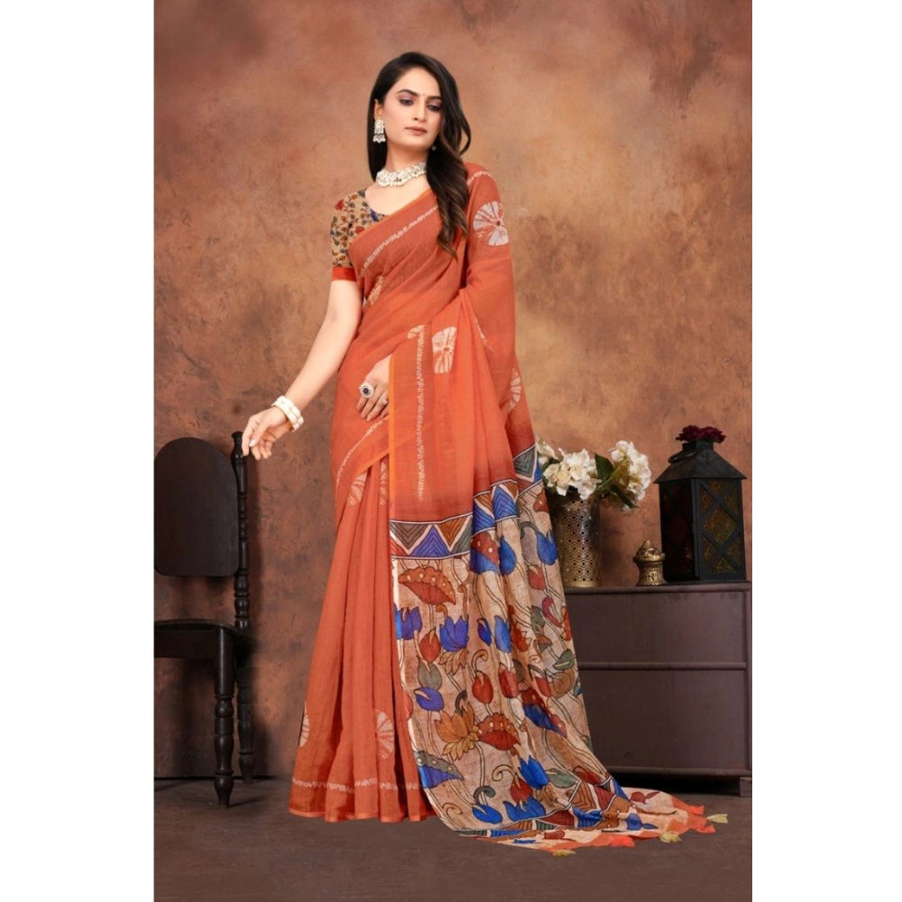 Vaystra Linen Printed Saree With Unstitched Blouse 5.5Mtr – Red