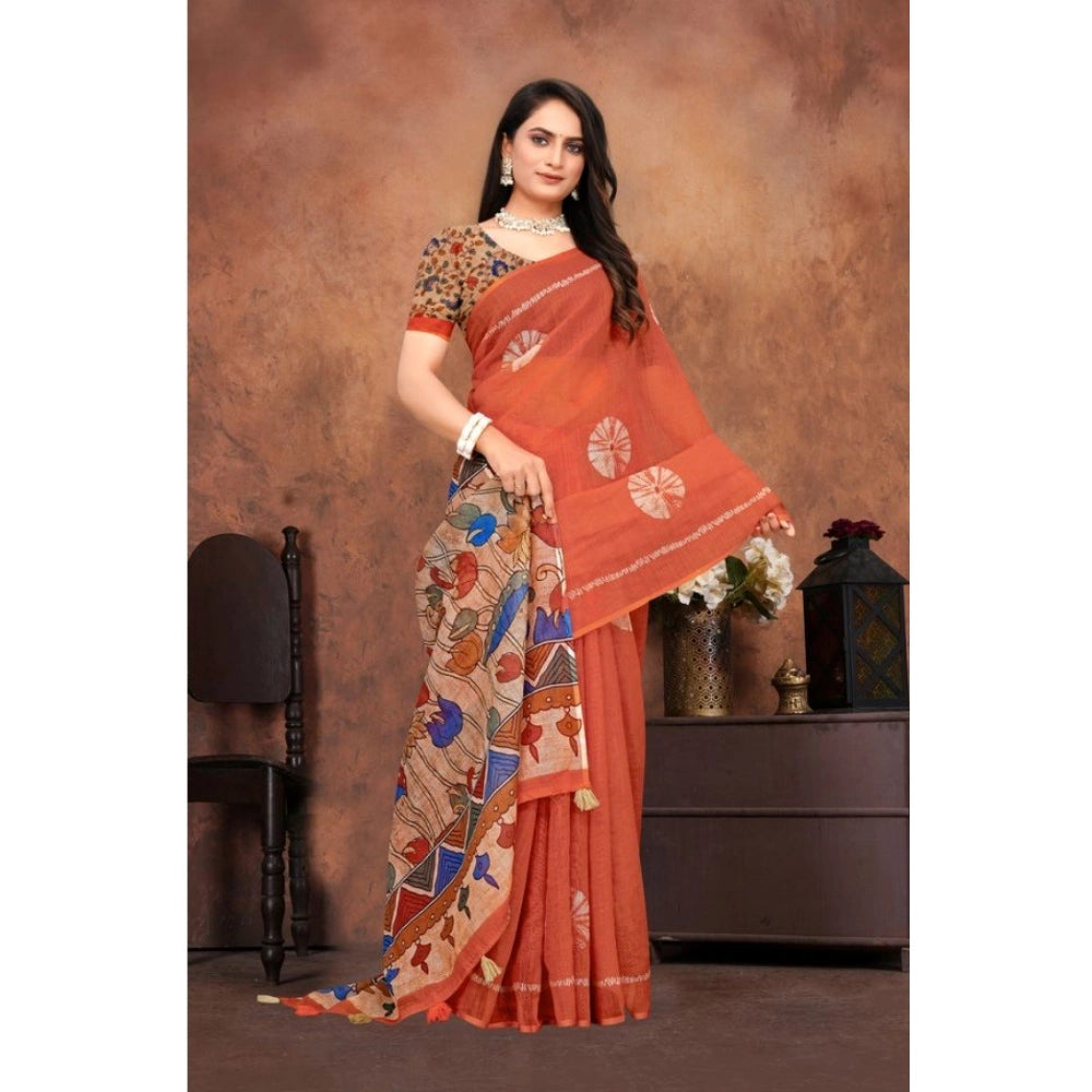 Vaystra Linen Printed Saree With Unstitched Blouse 5.5Mtr – Red