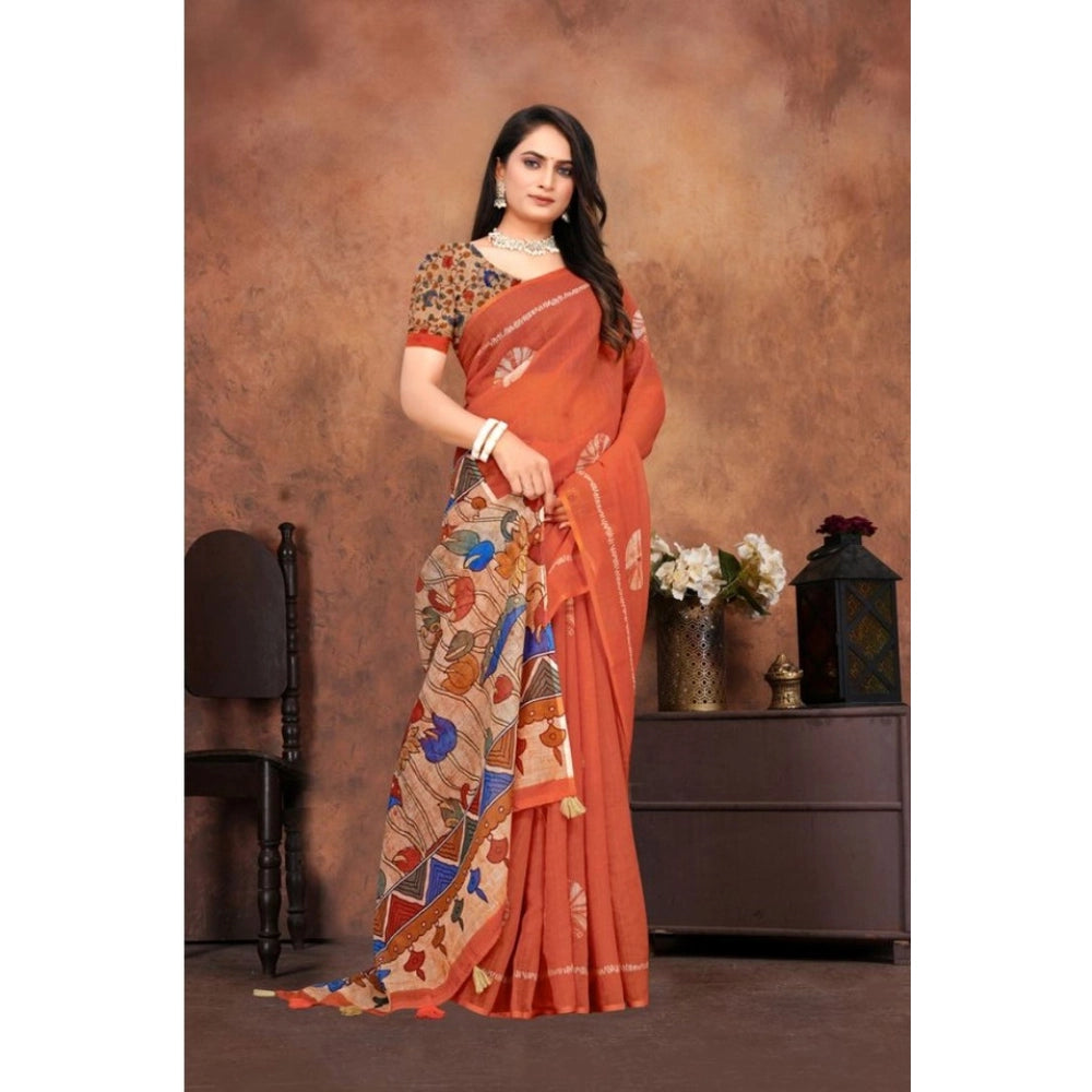 Vaystra Linen Printed Saree With Unstitched Blouse 5.5Mtr – Red