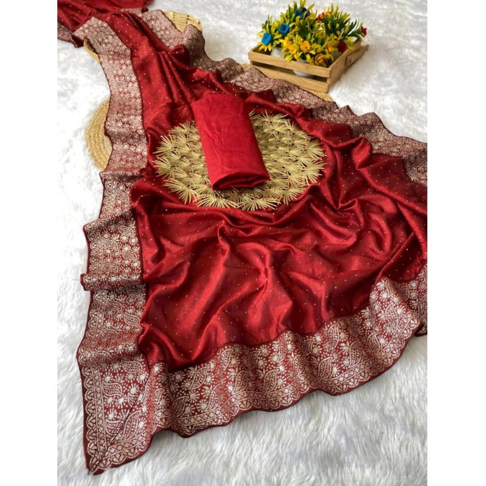 Vaystra Silk Embroidred Saree With Unstitched Blouse 5.5Mtr – Red
