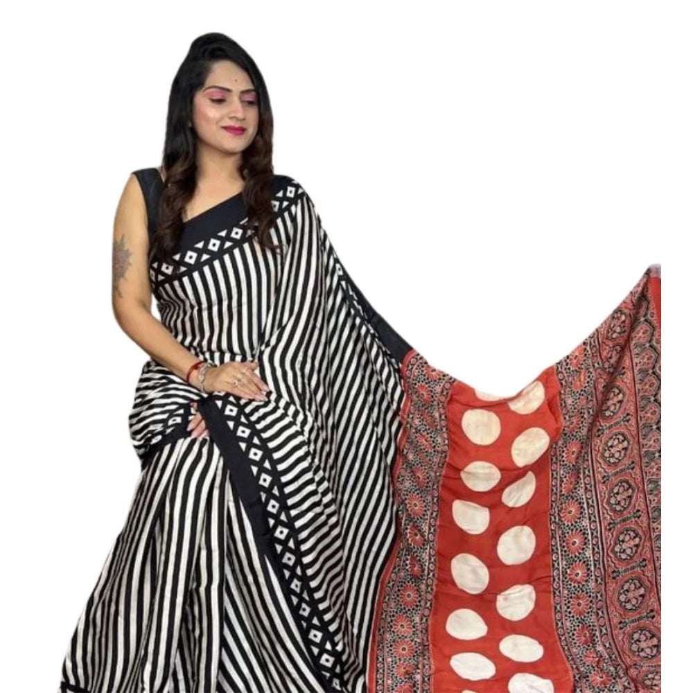 Vaystra Satin Printed Saree With Unstitched Blouse 5.5Mtr – Black