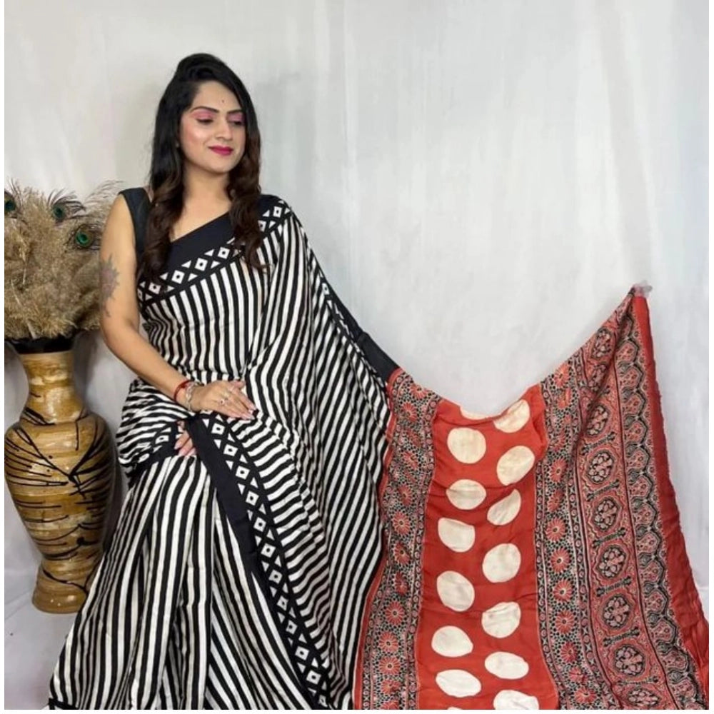 Vaystra Satin Printed Saree With Unstitched Blouse 5.5Mtr – Black