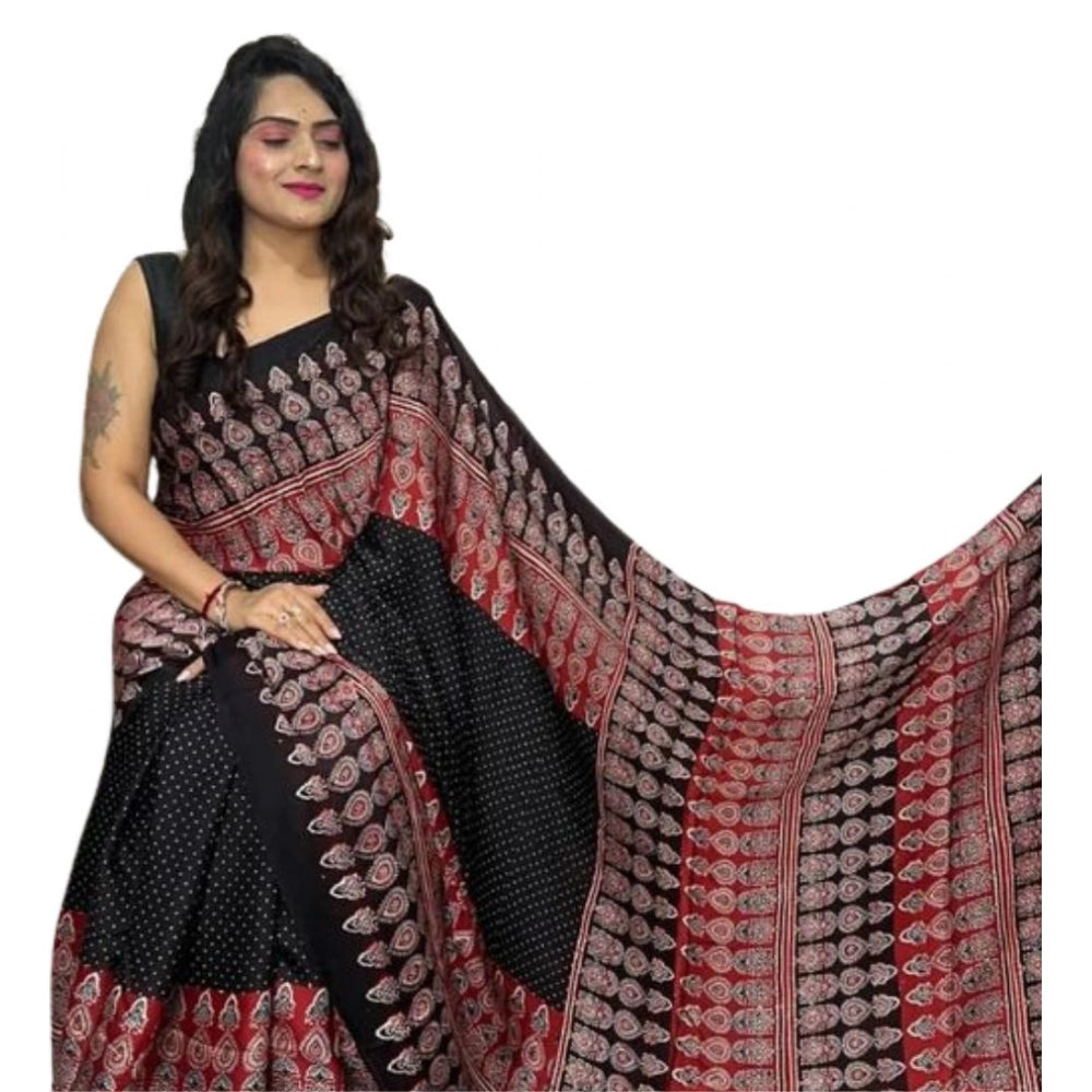 Vaystra Satin Printed Saree With Unstitched Blouse 5.5Mtr – Black