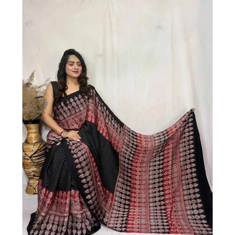 Vaystra Satin Printed Saree With Unstitched Blouse 5.5Mtr – Black