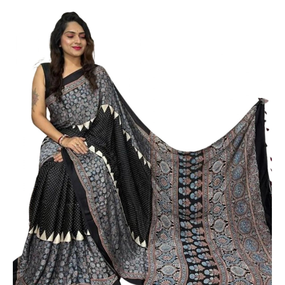 Vaystra Satin Printed Saree With Unstitched Blouse 5.5Mtr – Black