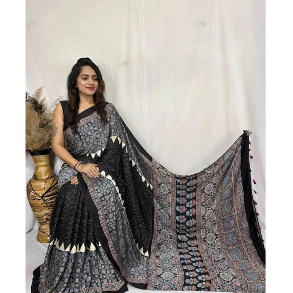 Vaystra Satin Printed Saree With Unstitched Blouse 5.5Mtr – Black