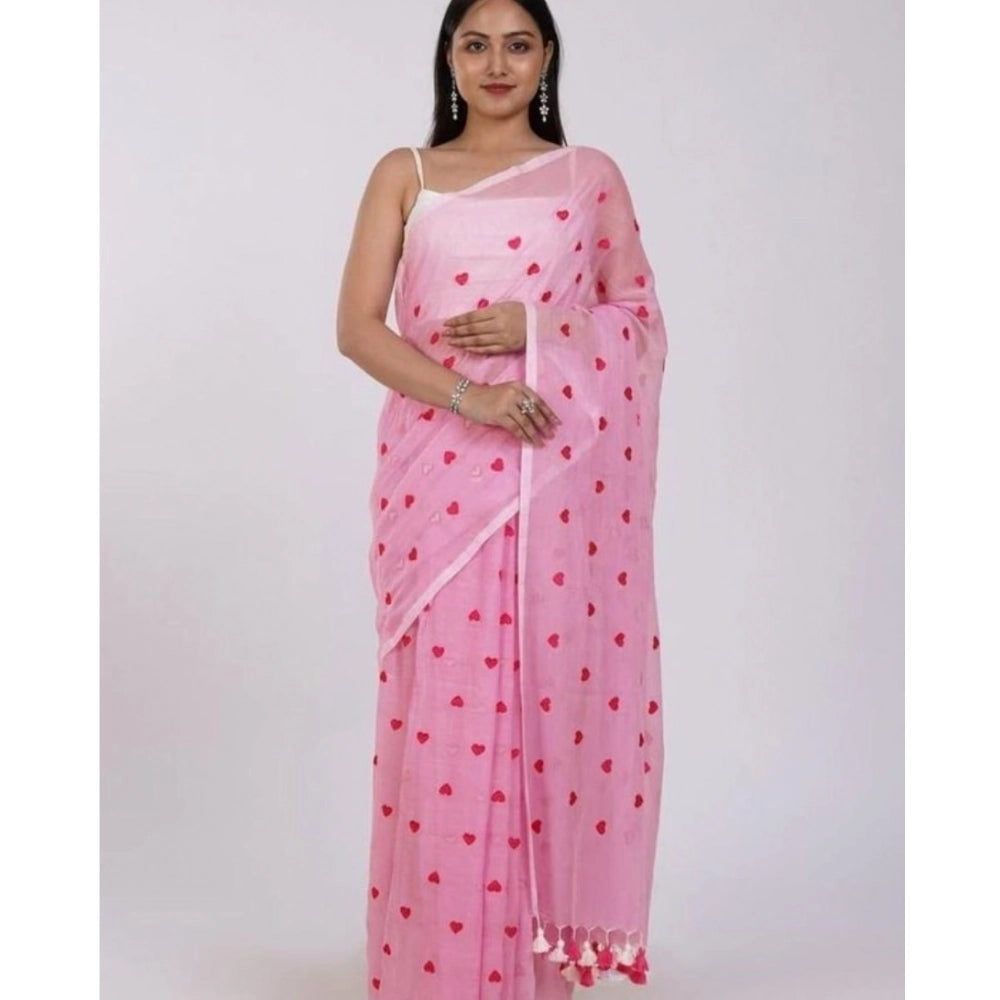 Vaystra Linen Printed Saree With Unstitched Blouse 5.5Mtr – Pink