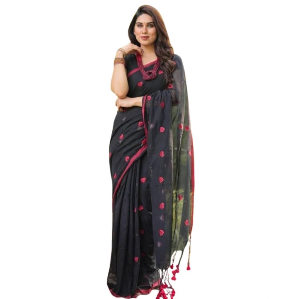 Vaystra Linen Printed Saree With Unstitched Blouse 5.5Mtr – Black