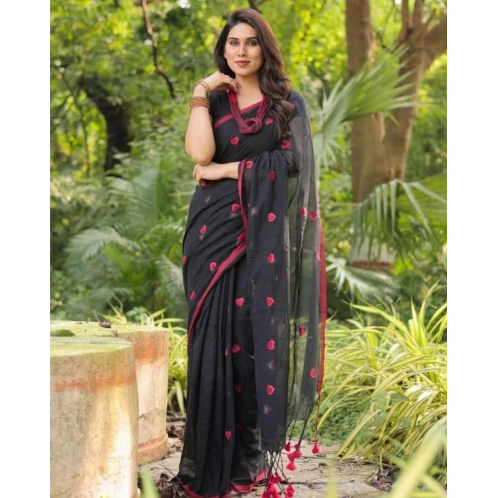 Vaystra Linen Printed Saree With Unstitched Blouse 5.5Mtr – Black