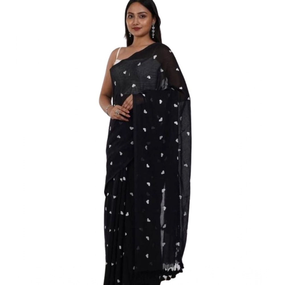 Vaystra Linen Printed Saree With Unstitched Blouse 5.5Mtr – Black