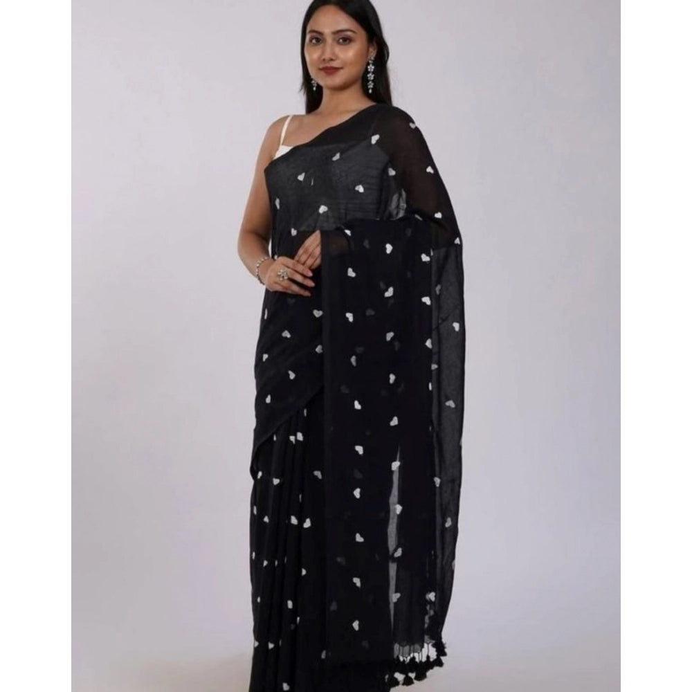 Vaystra Linen Printed Saree With Unstitched Blouse 5.5Mtr – Black