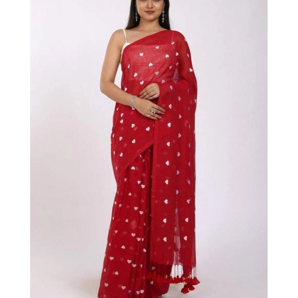 Vaystra Linen Printed Saree With Unstitched Blouse 5.5Mtr – Red