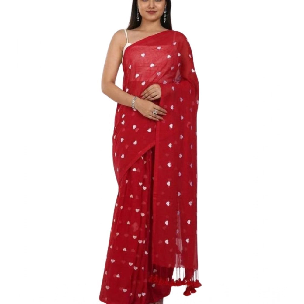 Vaystra Linen Printed Saree With Unstitched Blouse 5.5Mtr – Red