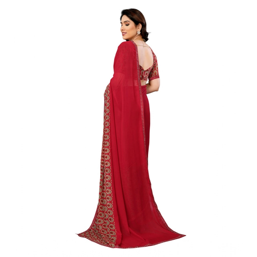 Vaystra Georgette Printed Saree With Unstitched Blouse 5.5Mtr – Red