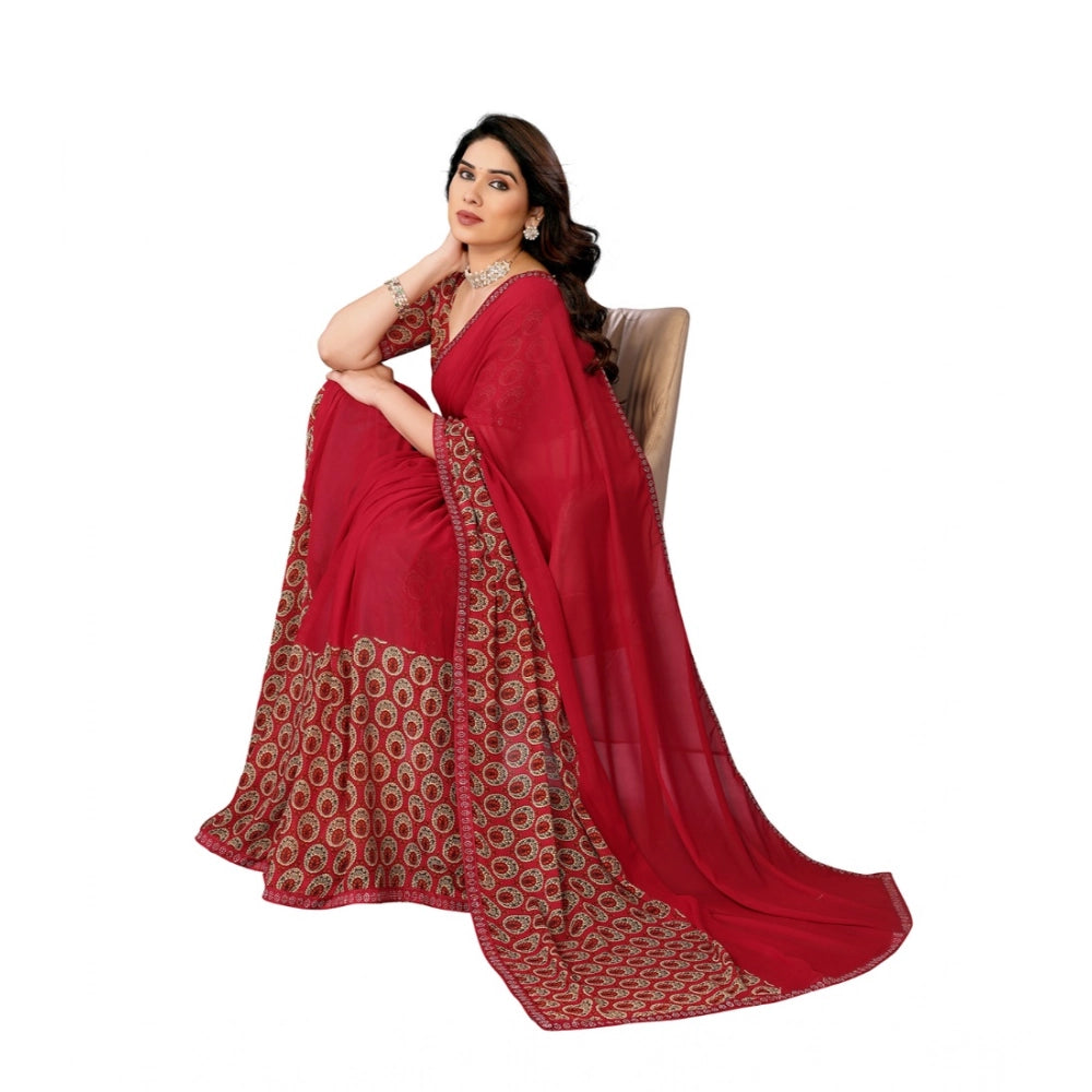 Vaystra Georgette Printed Saree With Unstitched Blouse 5.5Mtr – Red