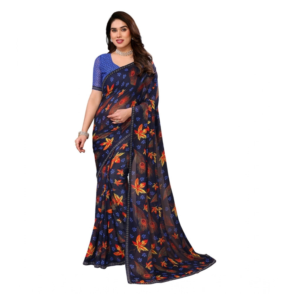 Vaystra Georgette Printed Saree With Unstitched Blouse 5.5Mtr – Blue