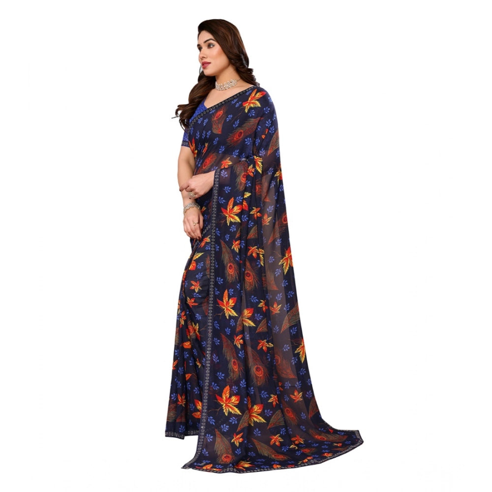 Vaystra Georgette Printed Saree With Unstitched Blouse 5.5Mtr – Blue