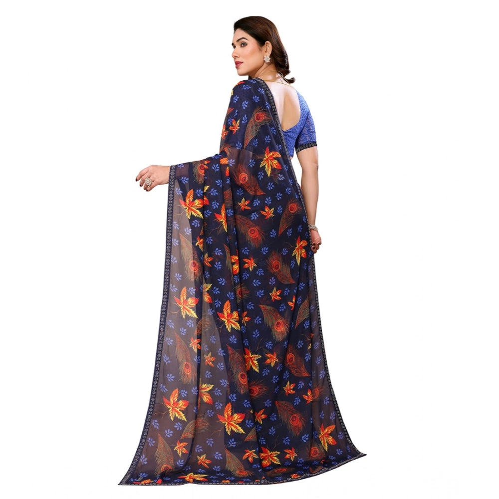 Vaystra Georgette Printed Saree With Unstitched Blouse 5.5Mtr – Blue